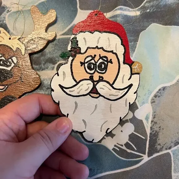 Set of 2  Reindeer and Santa wooden hanging ornaments - Picture 2 of 5